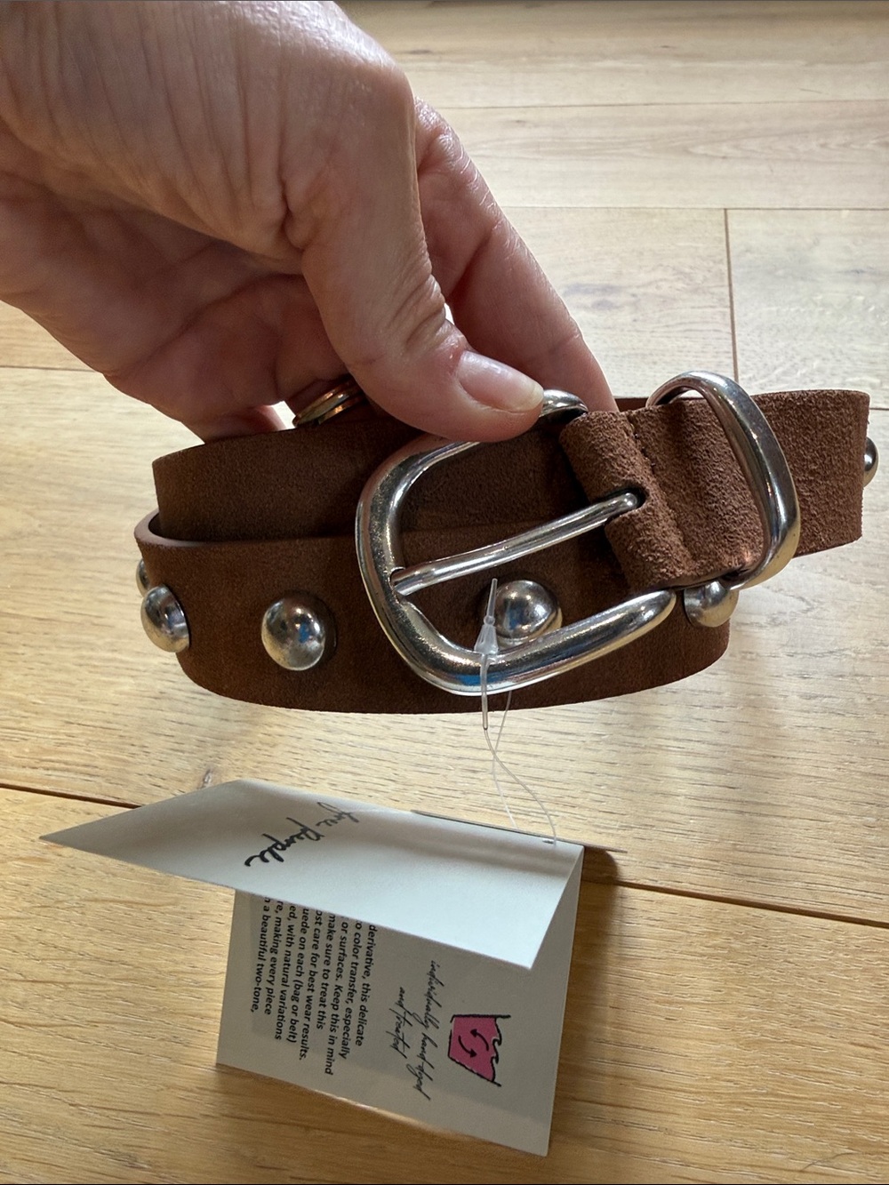Free People Brown Studded Suede Leather Belt with Silver Hardware
